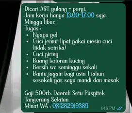 Dicari ART Kerja 4 Jam Setu Puspitek Tangsel