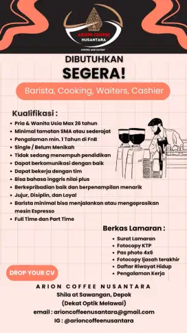 Dibutuhkan Barista, Cooking, Waiters, Cashier, Head Kitchen, Admin