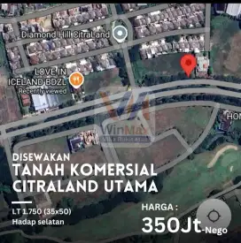 Disewakan TANAH KOMERSIAL Raya Diamond Hill, Citraland Utama