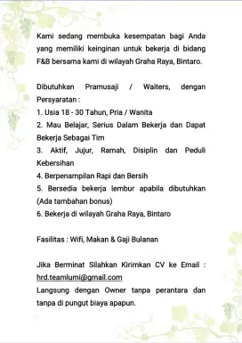 Dicari Waiters / Pramusaji Wanita / Pria wilayah Graha Raya Bintaro