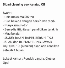 Dicari OB atau cleaning servis