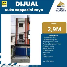 DIJUAL RUKO 3 LANTAI DI JALAN POROS RAPPOCINI RAYA AREA SANGAT RAMAI