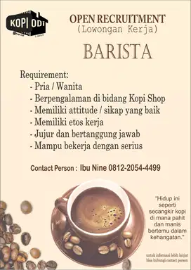 Dibutuhkan BARISTA untuk Coffee Shop area Bandung Kota