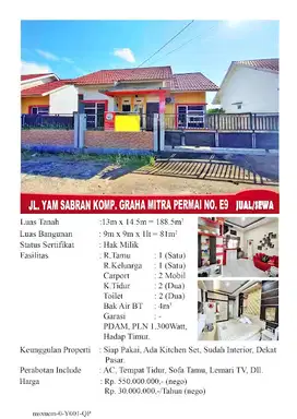 Rumah Komplek Graha Mitra Permai + Perabot (Tanjung Hulu)