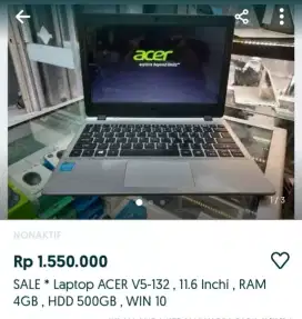 SALE * Laptop ACER V5-132 , 11.6 Inchi , RAM 4GB , HDD 500GB , WIN 10