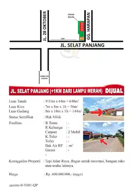 Tanah Siantan tepi Jl.Selat Panjang (bonus Kios + Gudang)