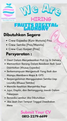 Di Butuhkan Crew Motoris, Crew Setrika Uap dan Crew Karpet