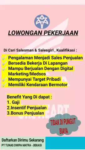 Lowongan pekerjaan Salesman & Salesgirl