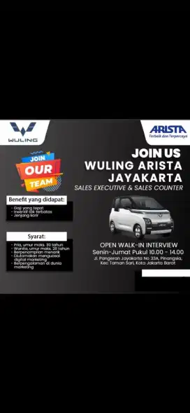 Loker Sales Wuling Arista Jayakarta