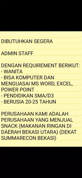 DIBUTUHKAN SEGERA (STAFF ADMIN)