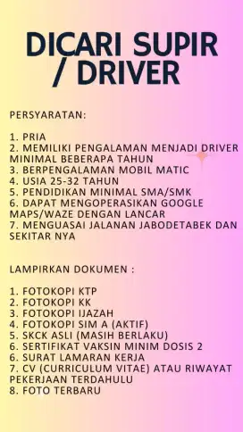 DICARI SUPIR / DRIVER