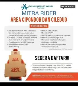 URGENT! LOKER MITRA KURIR MOTOR AREA CIPONDOH dan CIPADU (CILEDUG)