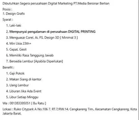 LOWONGAN DESIGN GRAFIS PERUSAHAAN DIGITAL PRINTING