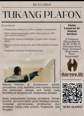 Dibutuhkan Tukang Plafon Harvey Interior & Design