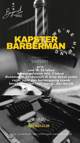 Lowongan pekerjaan Kapster / Barber man / Tukang cukur