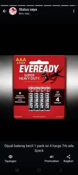 Eveready AAA A3Batre Battery Super Heavy Duty Hitam 1212 1.5v Isi 4Pcs