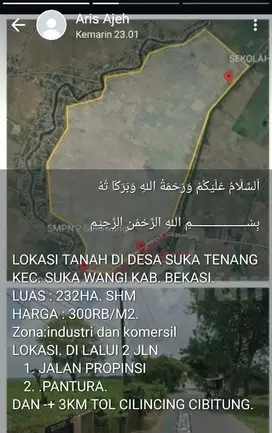 Dijual tanah 232 Ha di desa suka tenan, kecamatan sukawangi, Bekasi.