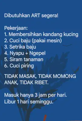 LOWONGAN ART ASISTEN RUMAH TANGGA PEMBANTU ASSISTEN KEBAGUSAN SEGERA