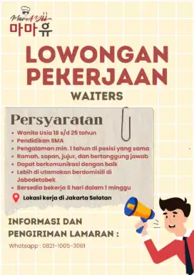 Lowongan Waiters Restoran Mamayoo