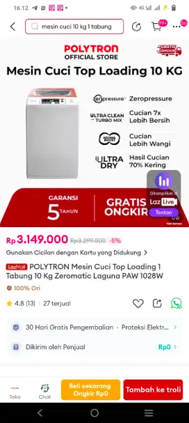 Mesin cuci polytron Automatic 10KG , Baru segel dus