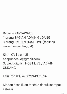 Dicari 4 KARYAWATI:
ADMIN GUDANG&HOST LIVE(fasilitas tempat tinggal)