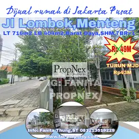 STRATEGIS TURUN HARGA Dijual rumah di Jl Lombok,Menteng,JakPus LT 716m