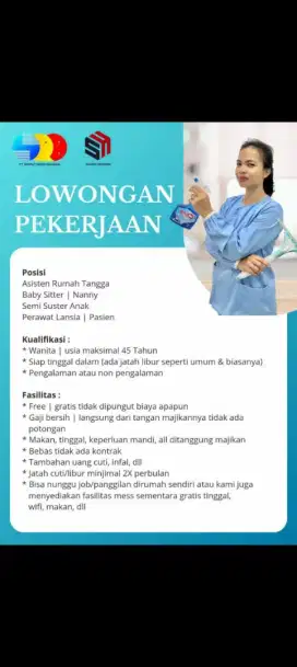 Lowongan Wanita ART, BabySitter, Perawat Lansia