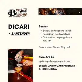 Lowongan BARTENDER Cafe bhouse Jogjakarta