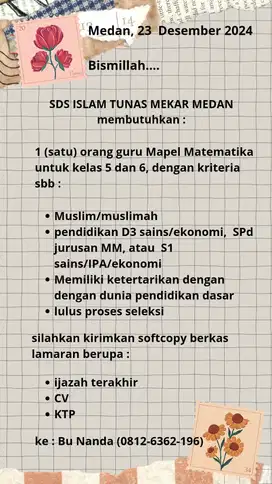 Dibutuhkan guru Mapel Matematika untuk SD