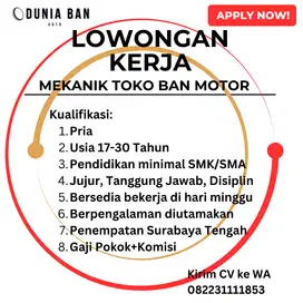 DIBUKA LOWONGAN UNTUK MEKANIK TOKO BAN MOTOR