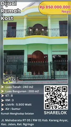 Dijual rumah kost aktif 2 lantai di jaten Karanganyar