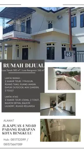 Dijual Tanah dan Bangunan Rumah 2 lantai di pusat kota Bengkulu