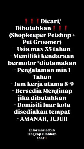 Dicari/dibutuhkan Shopkeeper Petshop + Pet Groomer