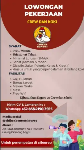 Dibutuhkan segera 20 crew dan 6 koki