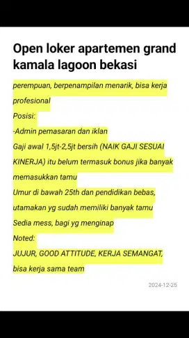 Loker admin apartemen grand kamala lagoon