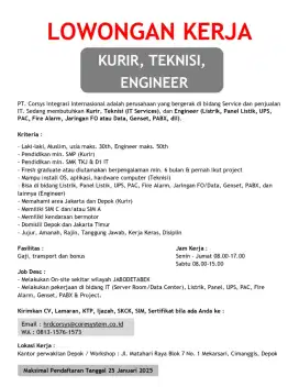 LOWONGAN KERJA KURIR, TEKNISI & ENGINEER