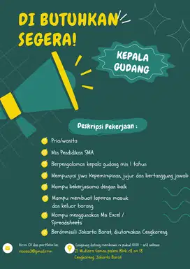 Dibutuhkan segera !!! Untuk Accounting dan kepala gudang