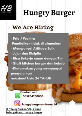 Di cari Staff Dapur Di Hungry Burger