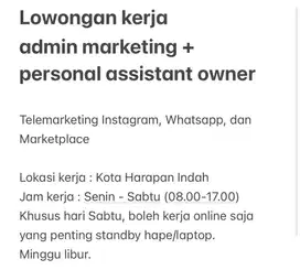 Lowongan Kerja Admin Marketing + Asisten