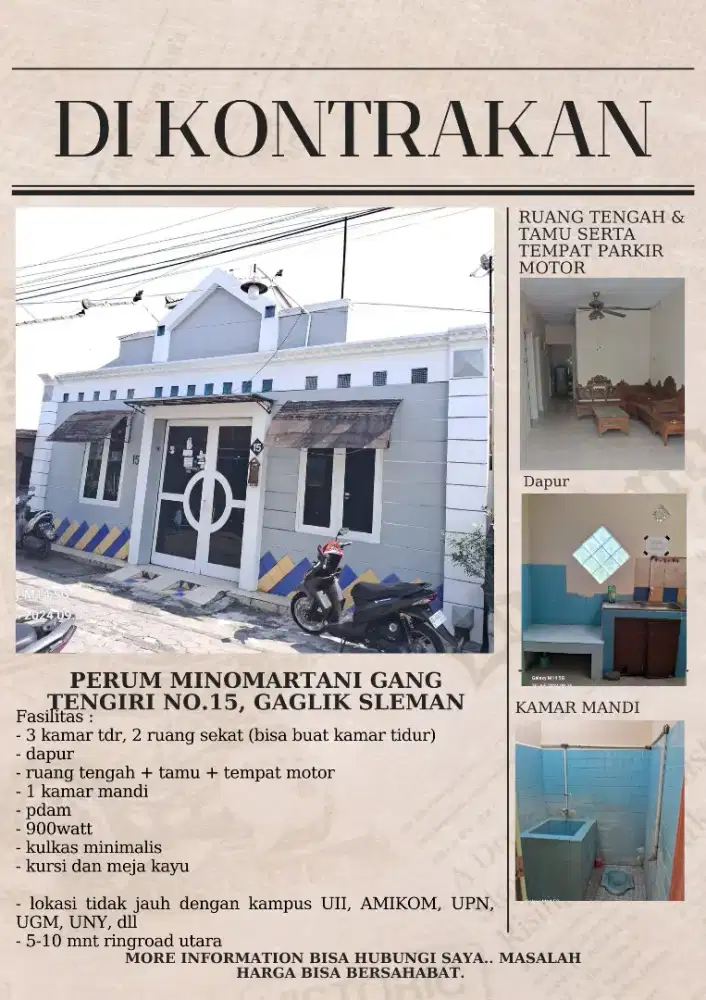 DISEWAKAN / DIKONTRAKKAN Rumah di Perum Minomartani Sleman Yk