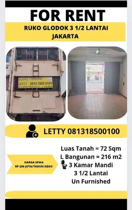 Sewa Ruko Glodok 3 1/2 Lantai Jakarta Rp 200 Juta / tahun Nego