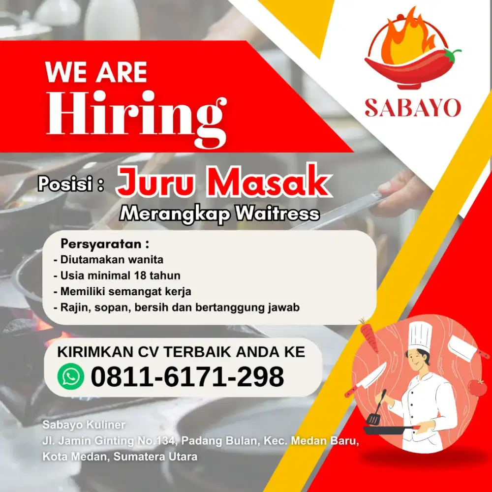 Dibutuhkan cepat karyawan di bagian masak sekaligus melayani