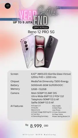 Cicilan Hp Oppo Reno 12 Pro 12+12 512GB Tanpa DP Bunga 0%