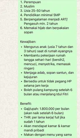 Dibutuhkan segera Asisten Rumah Tangga/Pengasuh