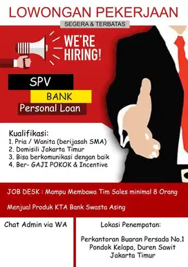 Lowongan SPV - Manager Bank Swasta - Produk KTA