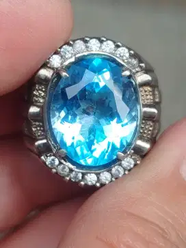 Batu blue topaz Swiss 9.46 carat memo MRI ring perak top kristal