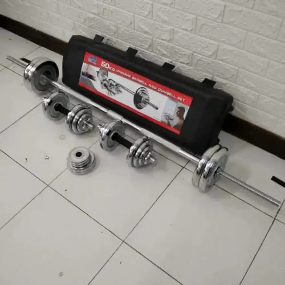 Dumbell Set 50 Kg Besi Crom Alat Fitness Olah Raga Baru COD
