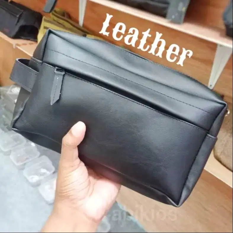 Tas tangan bahan kulit simple hitam pria atau wanita casual ts7