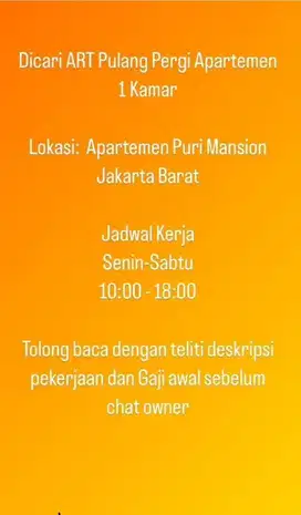 Dicari ART Pulang Pergi Puri Mansion