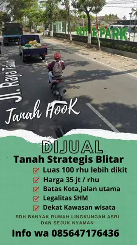 Di Jual Tanah Strategis Jalur Utama Blitar Garum dekat Blitar Park